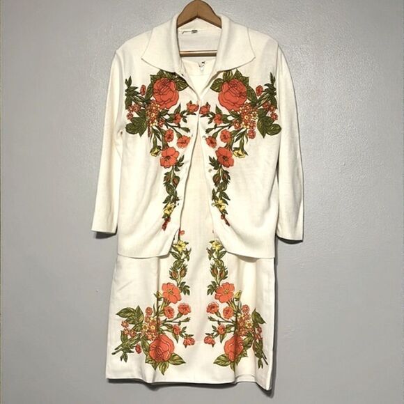 Vintage Dress Sweater Set Edith Flagg White 1970s Orange Floral Flowers Retro - Picture 1 of 15